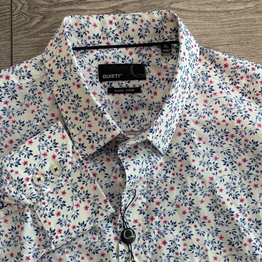 Quieti Button Down Shirt Mens XL White Floral Pattern Stretch Preppy Casual New